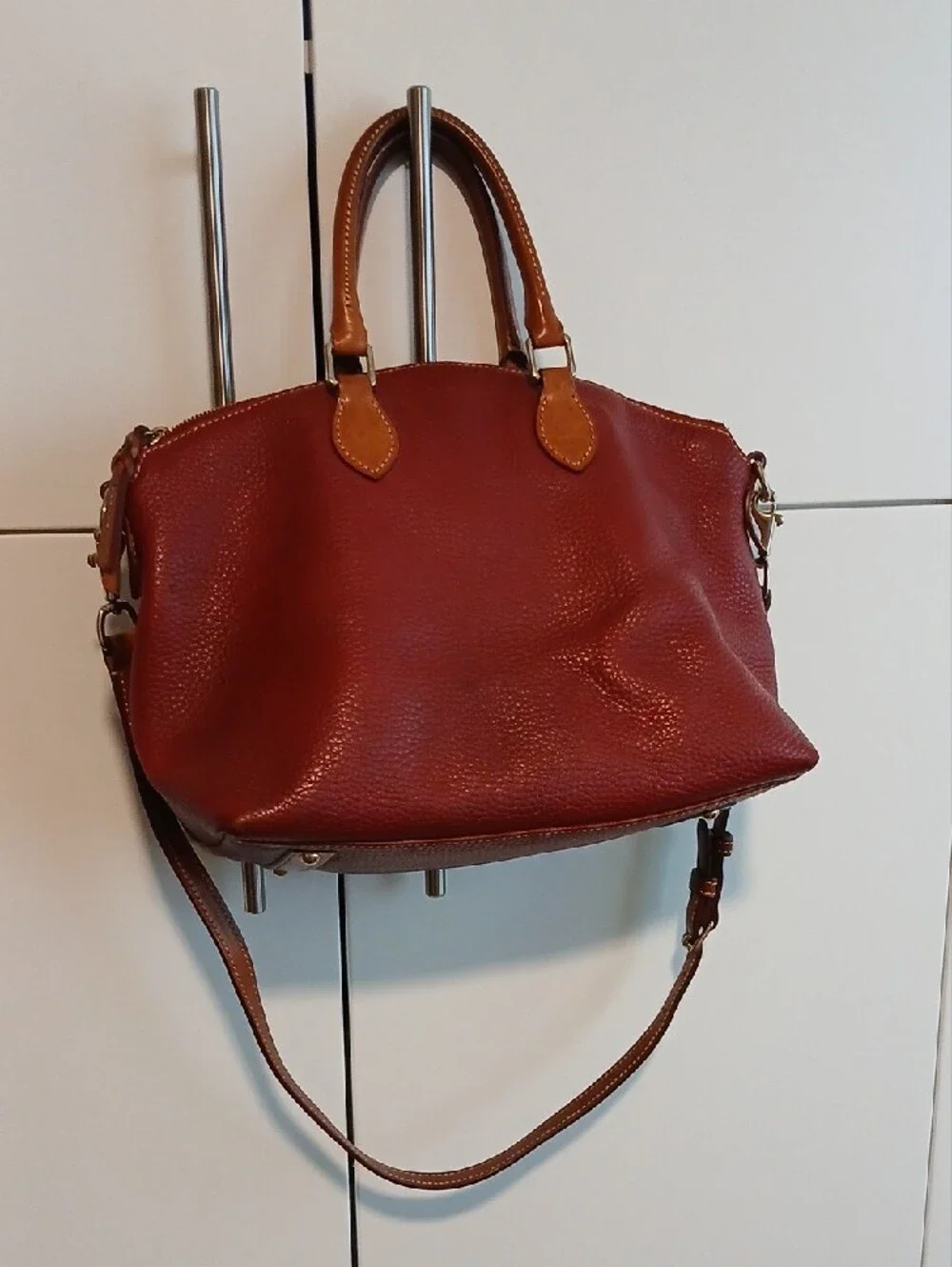 Dooney & Bourke Burgundy Pebbled Leather Satchel with Tan Accents